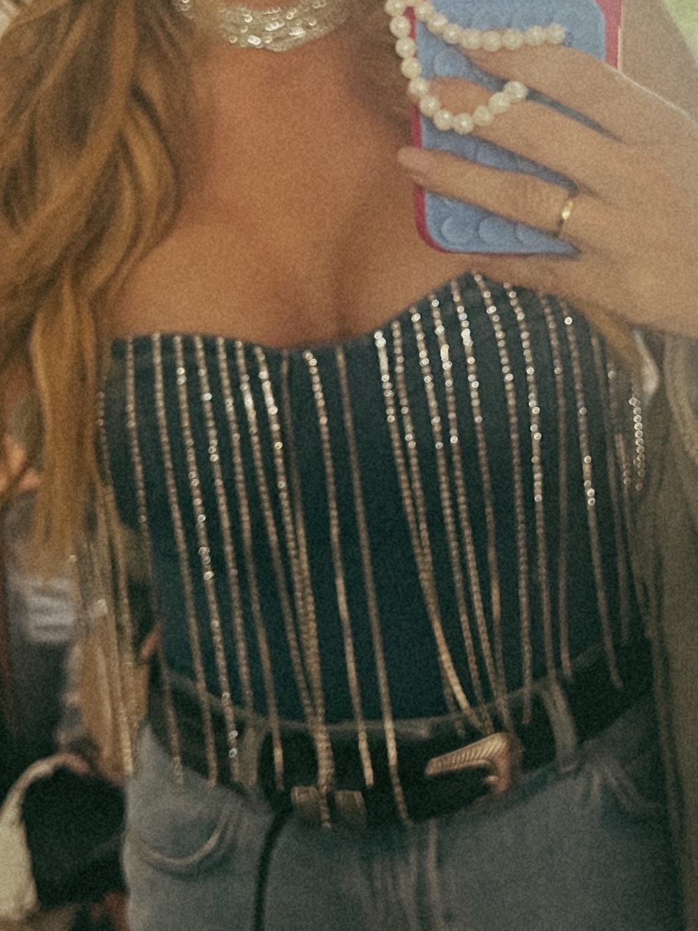 Denim Strapless bodysuit diamond Chain Fringe